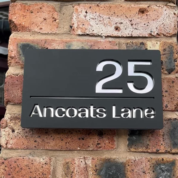 Modern House Sign (Matt Black) installed