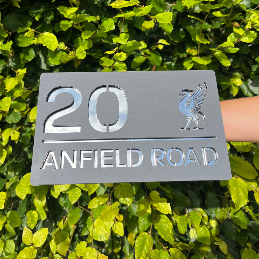 Liver Bird house sign in matt grey with silver mirror backing – personalised Liverpool acrylic sign