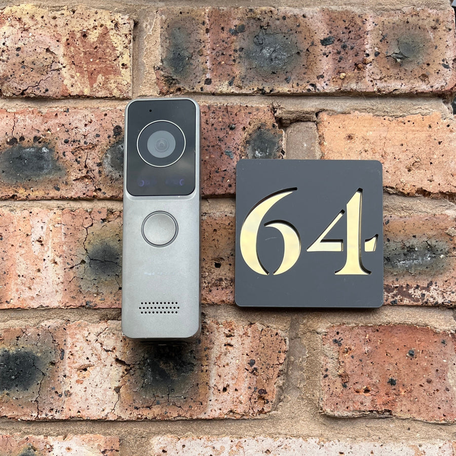 Stick on door number sign in matt grey with gold mirror backing – no-drill acrylic