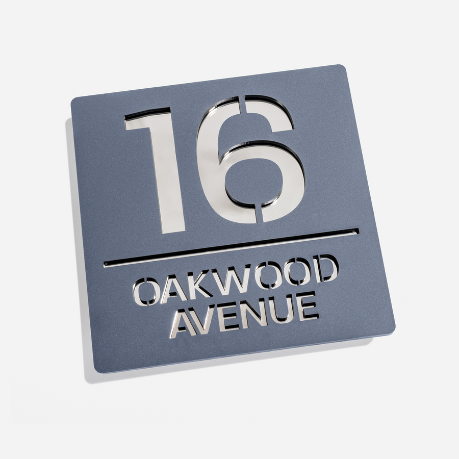 Matt grey metallic house sign with silver mirror – flat lay product shot