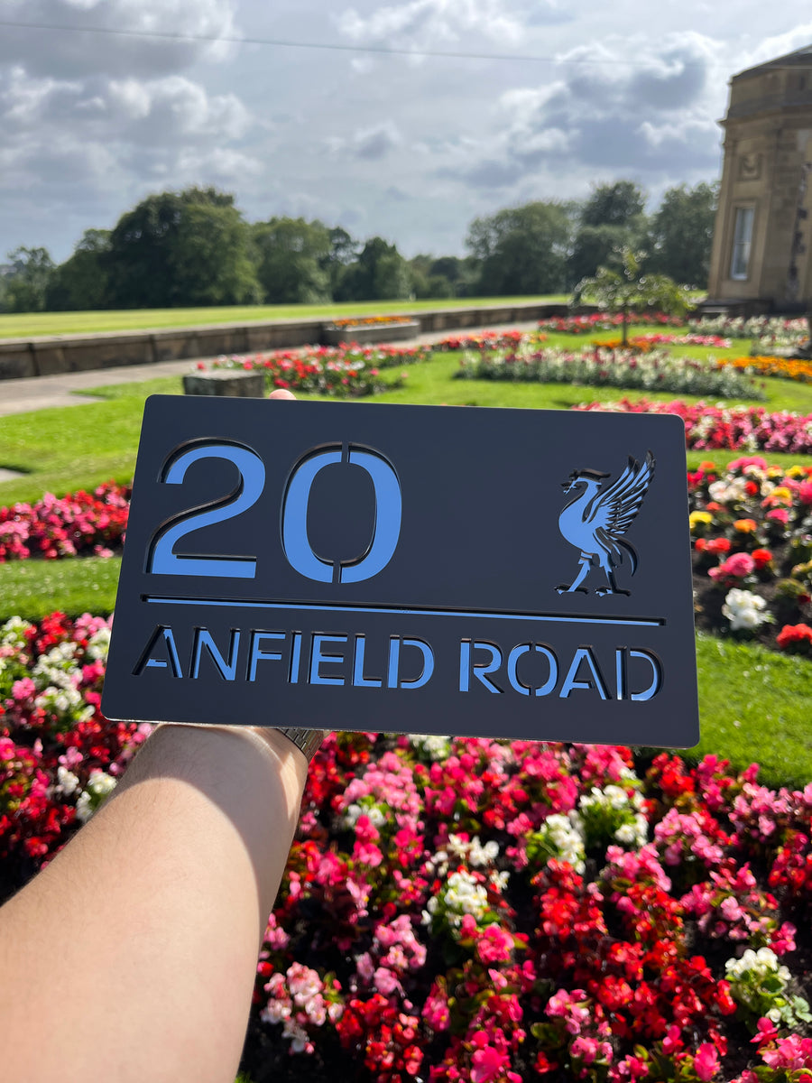 Liverpool Liver Bird house sign – modern matt grey acrylic with silver mirror backing