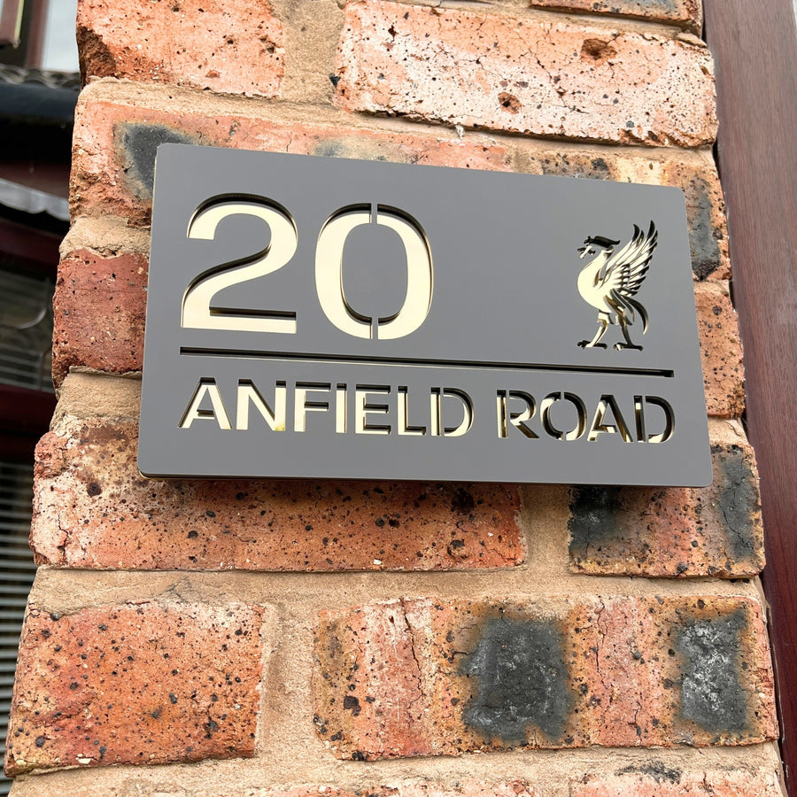 Liver Bird house sign installed on wall – matt grey with gold mirror finish