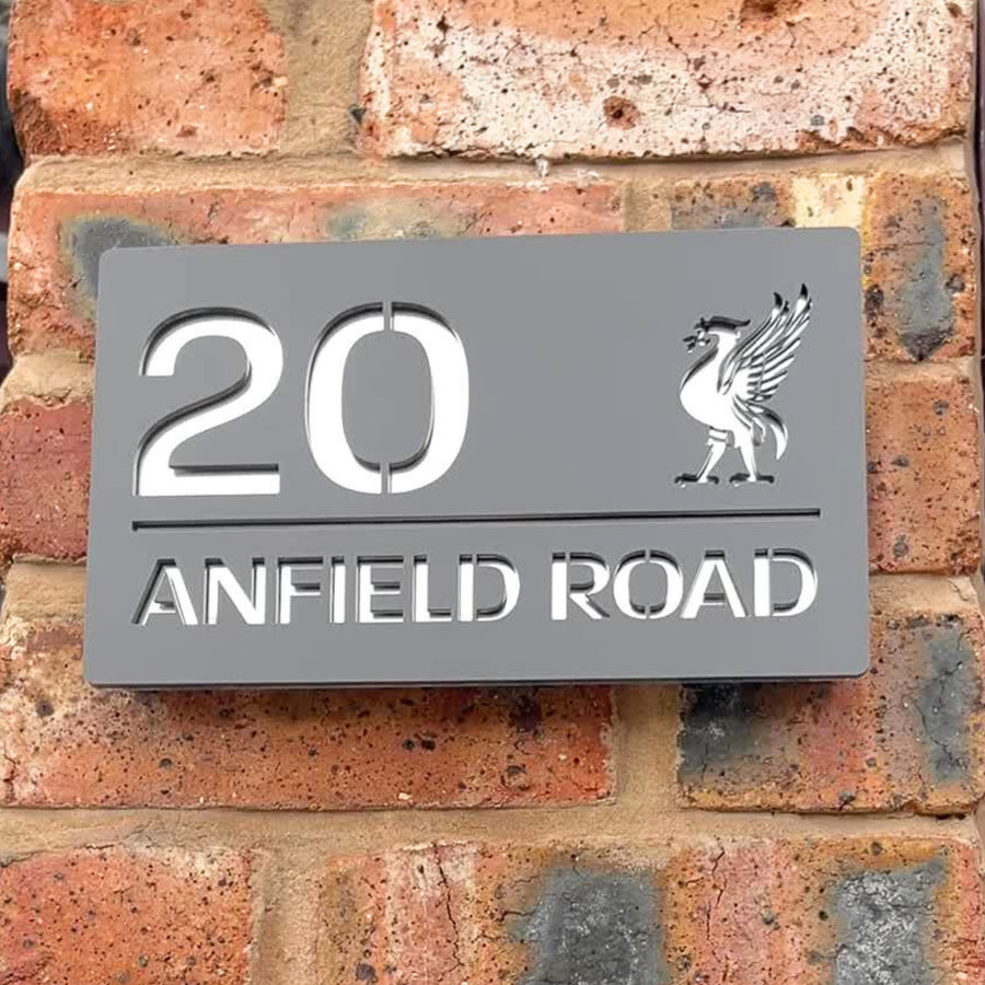 Liver Bird house sign installed on wall – matt grey with silver mirror finish