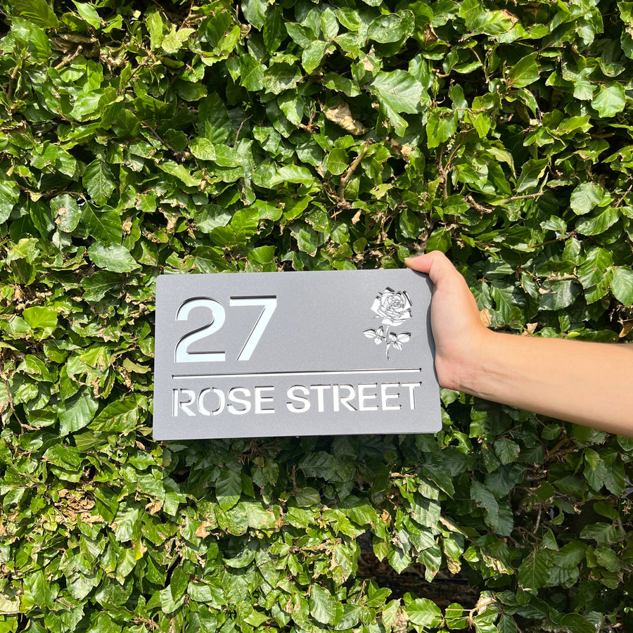 Rose floral house sign close-up – personalised acrylic with mirror detail