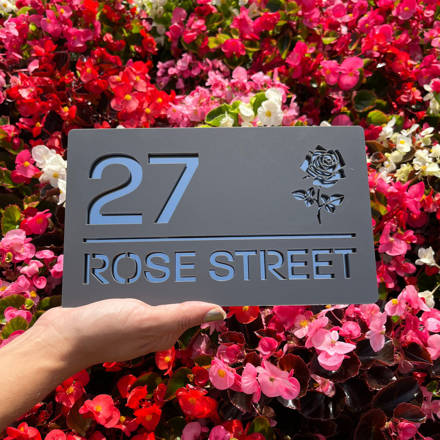 Rose floral house sign in matt grey – acrylic design with mirror backing