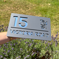 Modern floral house sign in matt grey with silver mirror backing – acrylic design