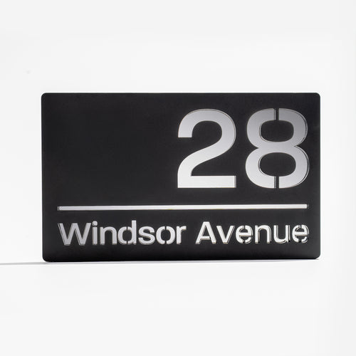 Modern matt black house sign with silver mirror backing – personalised acrylic design