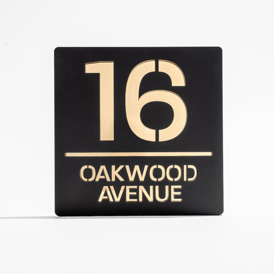 Matt black metallic house sign with gold mirror backing – modern acrylic design
