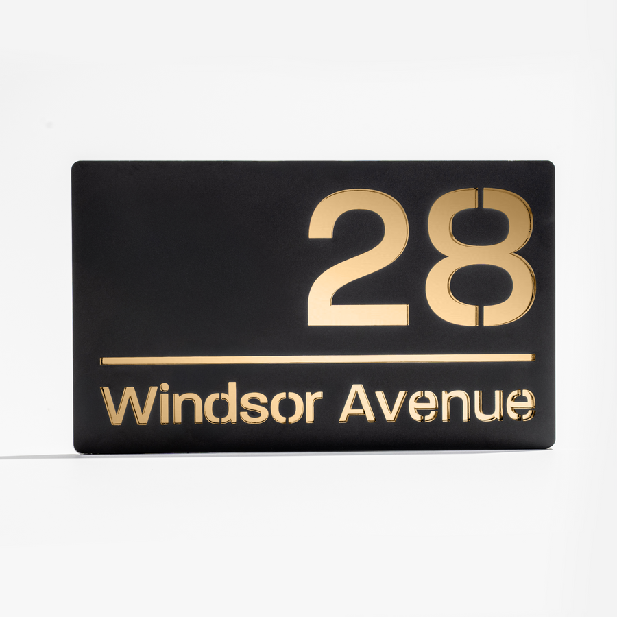 Modern matt black house sign with gold mirror backing – personalised acrylic design