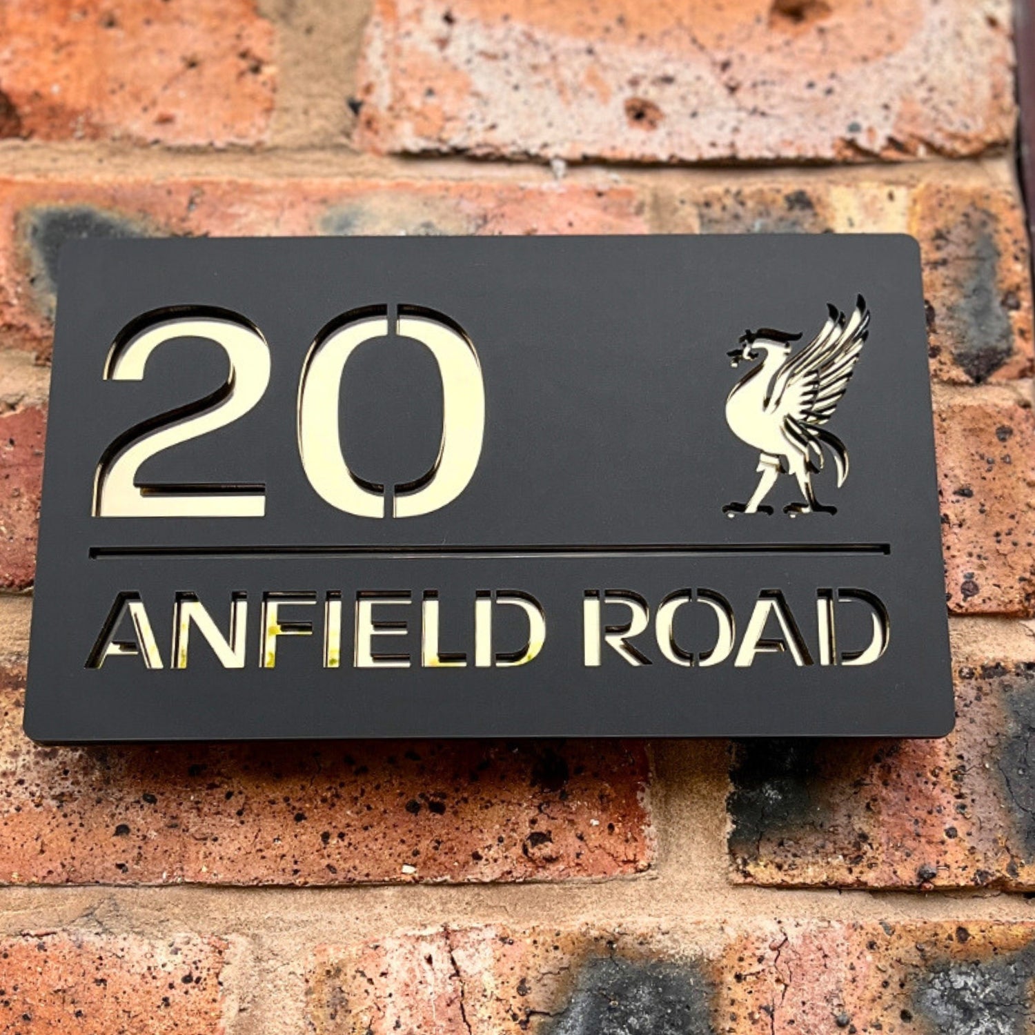 Matt black and gold mirror house sign – modern acrylic Liver Bird design