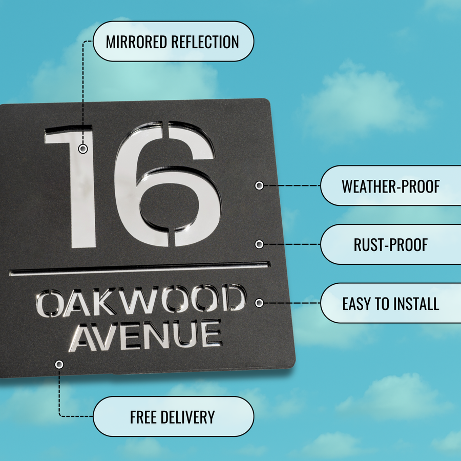 Key features of the matt black metallic acrylic house sign – durable and weatherproof