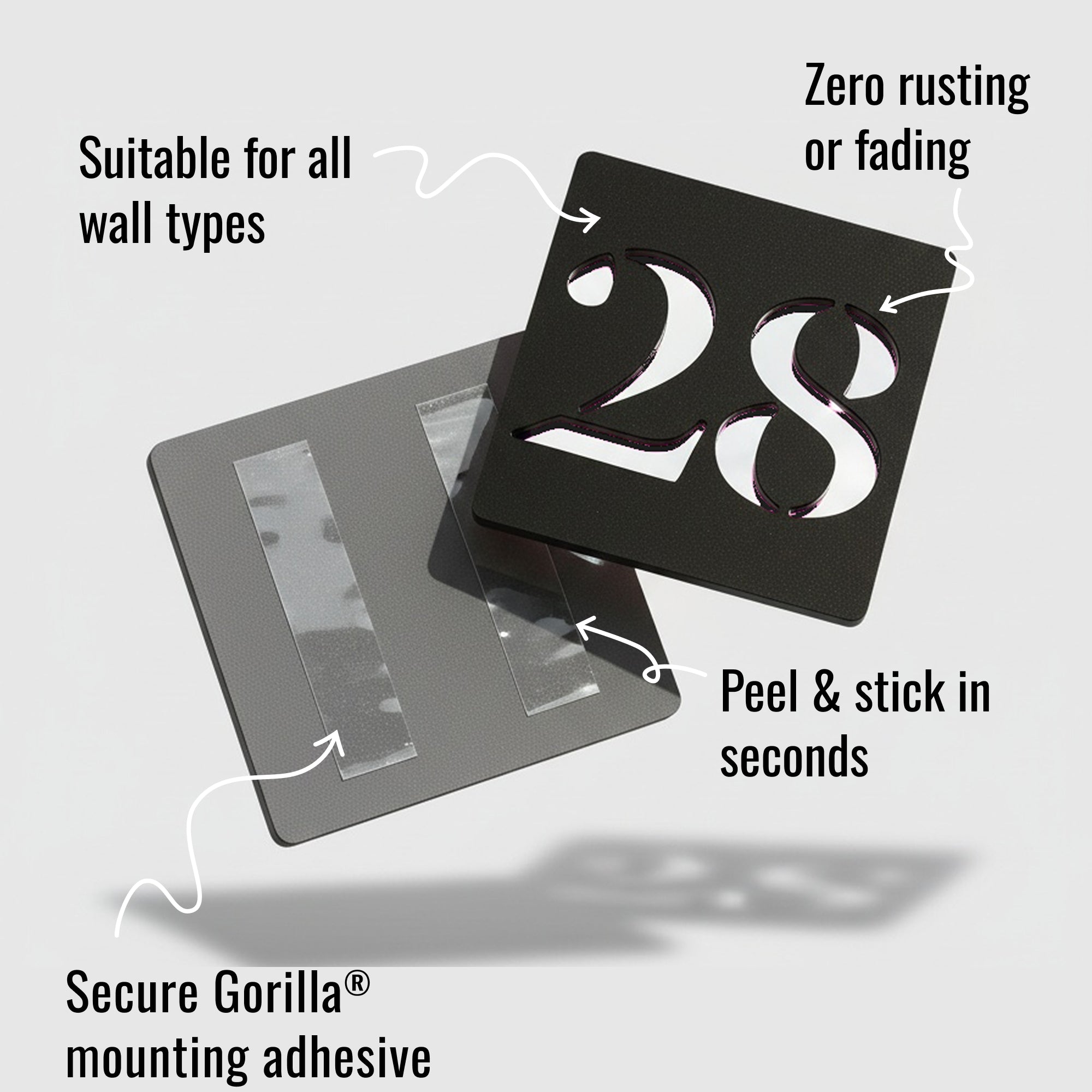 Matt black stick on door number sign installed on wall – modern acrylic design