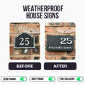 Before and after installing a modern matt black house sign on a rendered wall