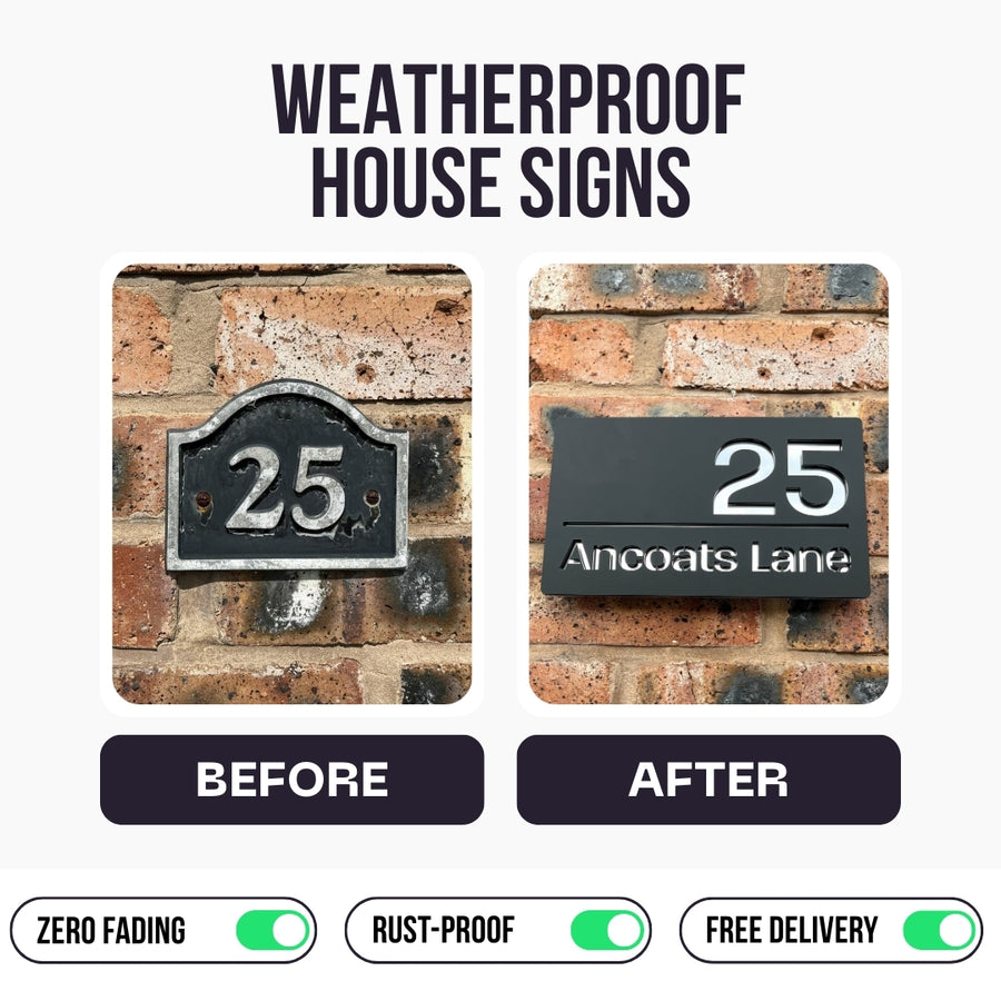Before and after installing a modern matt black house sign on a rendered wall