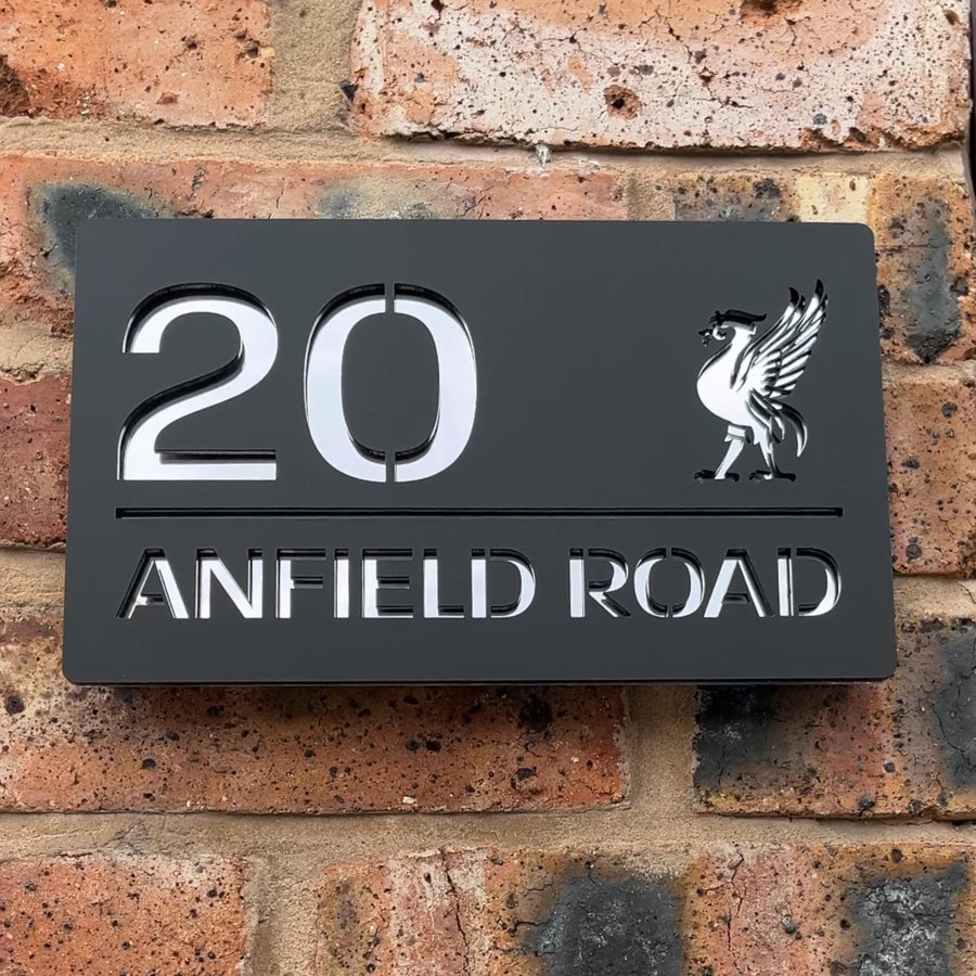 Matt black and silver mirror house sign – modern acrylic Liver Bird design