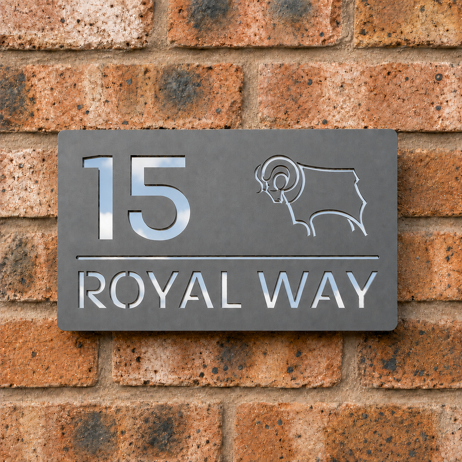 Personalised Derby County Ram house sign with matt grey acrylic front and silver mirror back panel
