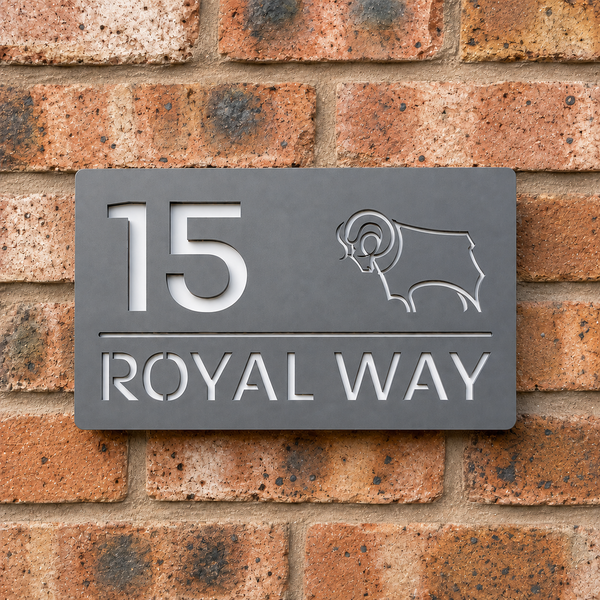 Personalised Derby County Ram house sign with matt grey acrylic front and white back panel