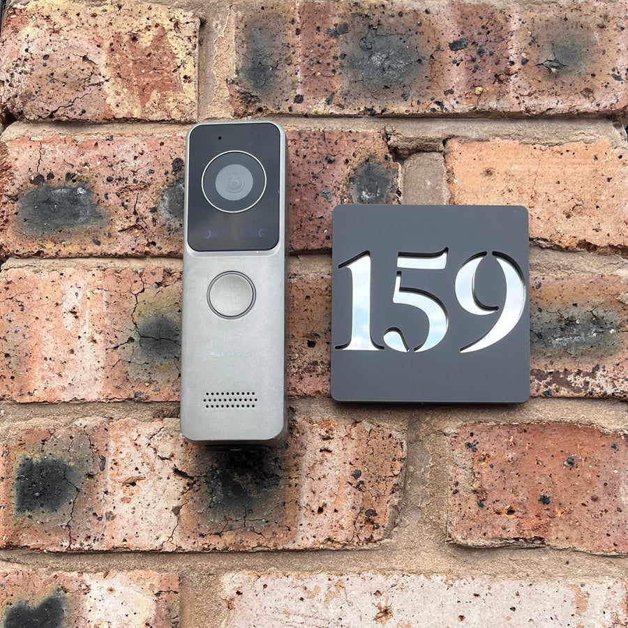 Stick on door number sign in matt grey with silver mirror backing – no-drill acrylic