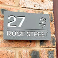 Rose floral house sign in matt grey with silver mirror backing – flat lay
