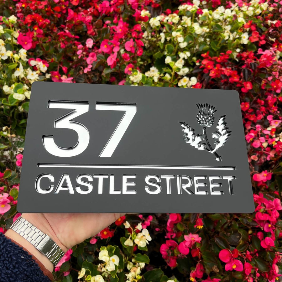 Flower of Scotland house sign – personalised matt black acrylic with mirror backing