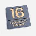Matt grey metallic house sign with gold mirror – flat lay product shot