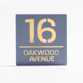 Matt grey metallic house sign with gold mirror backing – modern acrylic square design