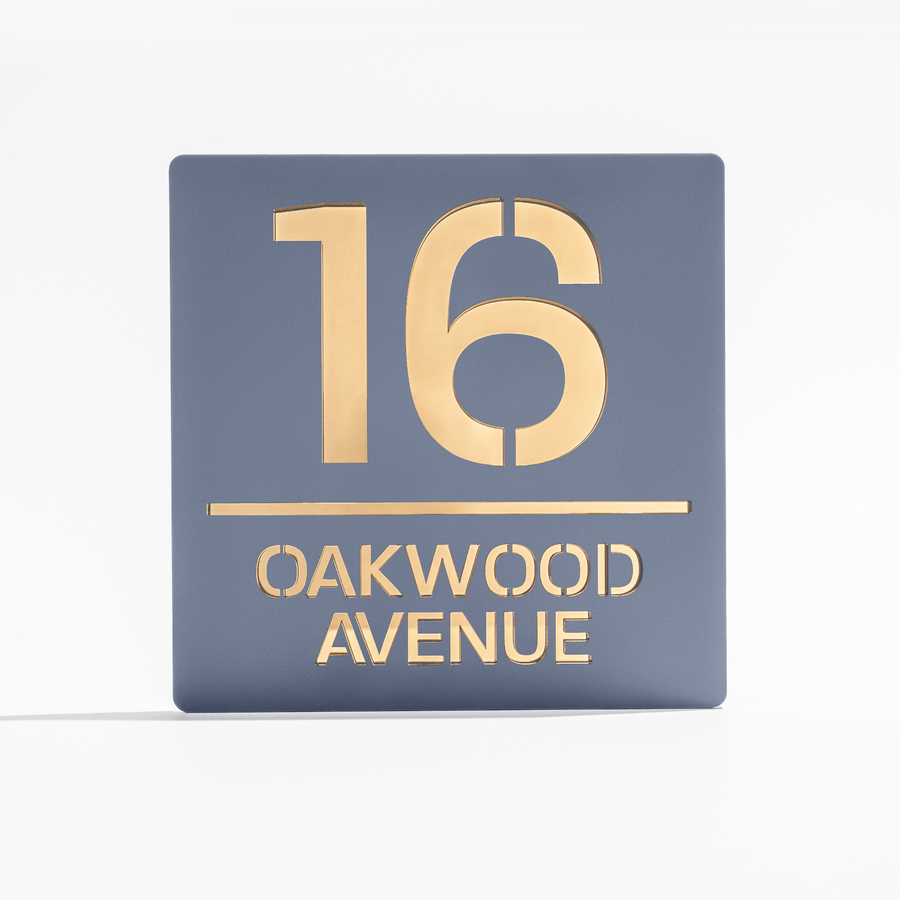 Matt grey metallic house sign with gold mirror backing – modern acrylic square design