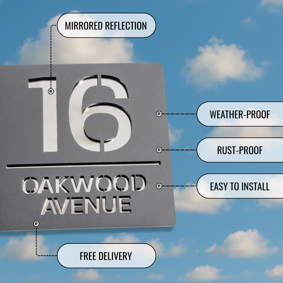 Key features of the matt grey metallic acrylic house sign – weather resistant and easy to install