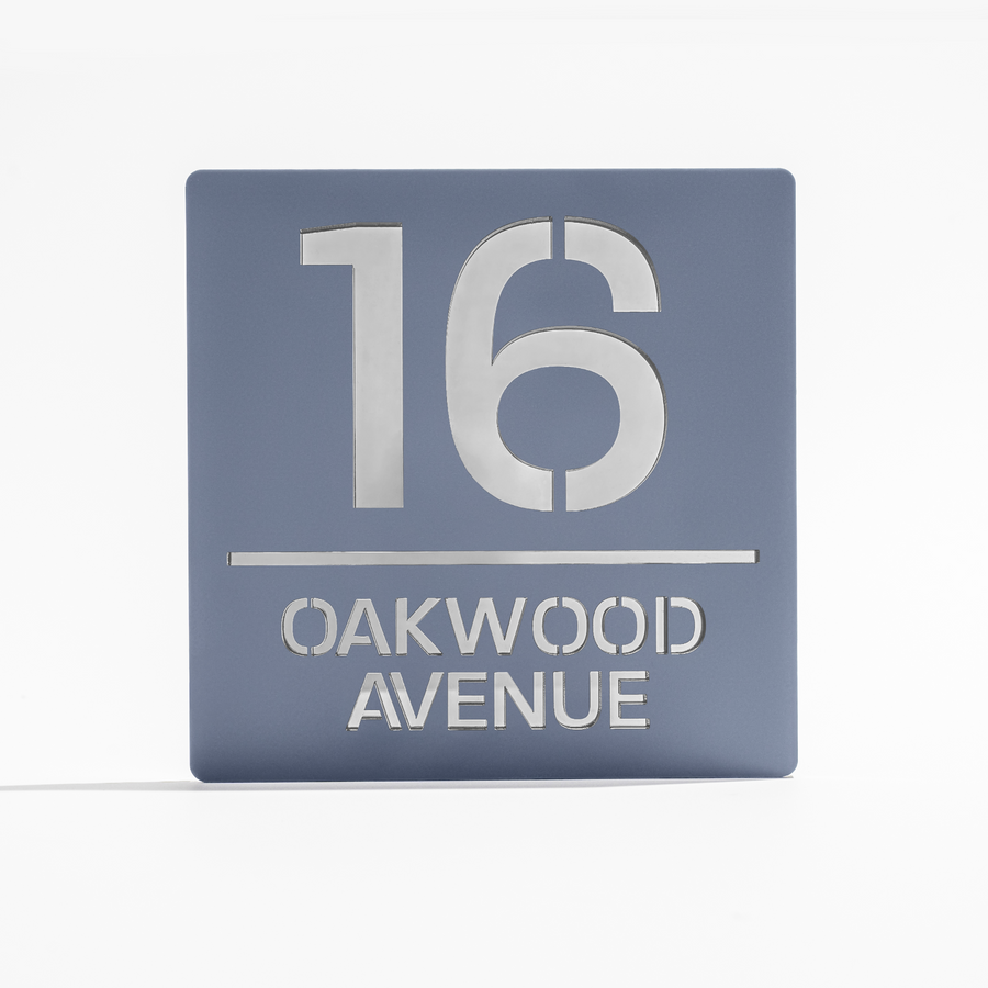 Matt grey metallic house sign with silver mirror backing – modern acrylic square design