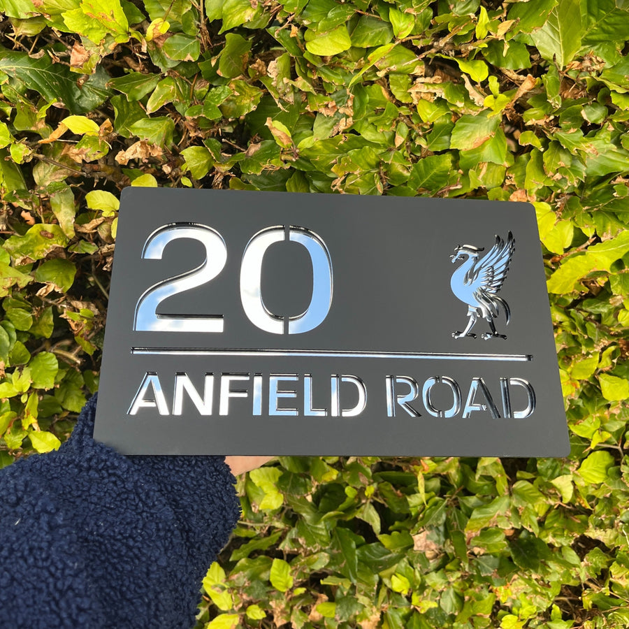 Liver Bird house sign in matt black with silver mirror backing – personalised Liverpool acrylic sign