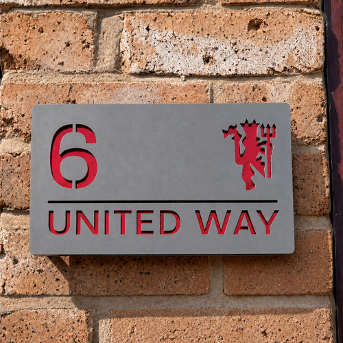 Manchester United Red Devil house sign with matt grey front and red mirror backing