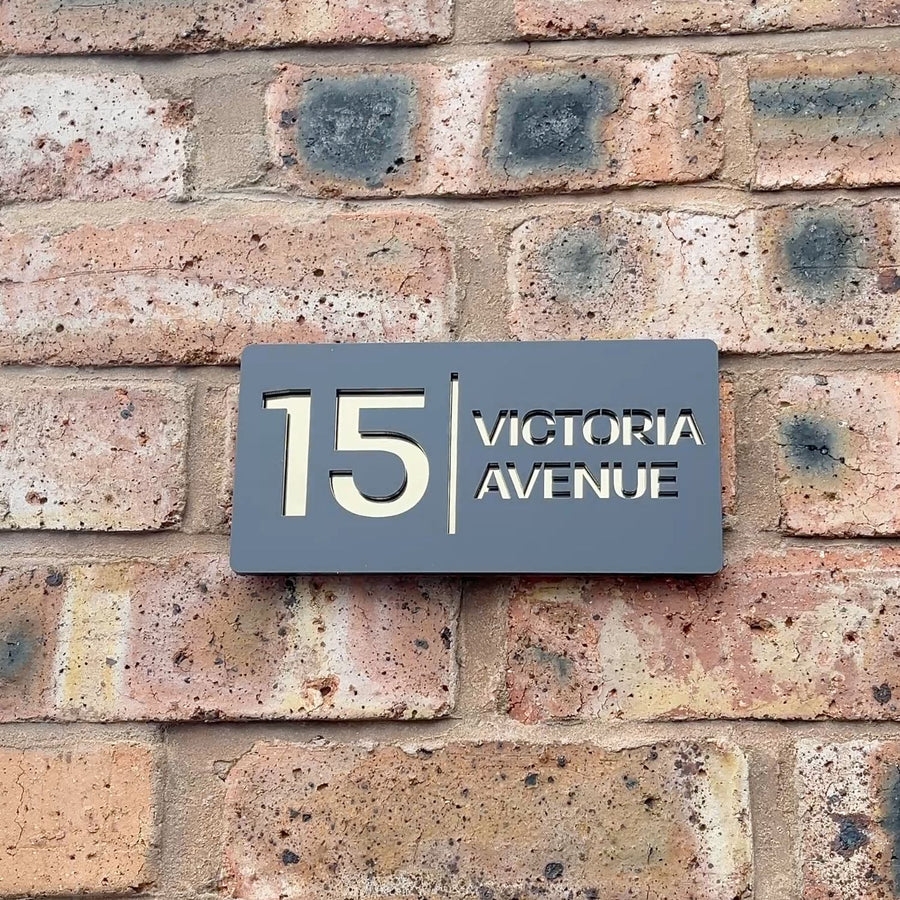Stick on house sign in matt grey with gold mirror backing – no-drill acrylic sign
