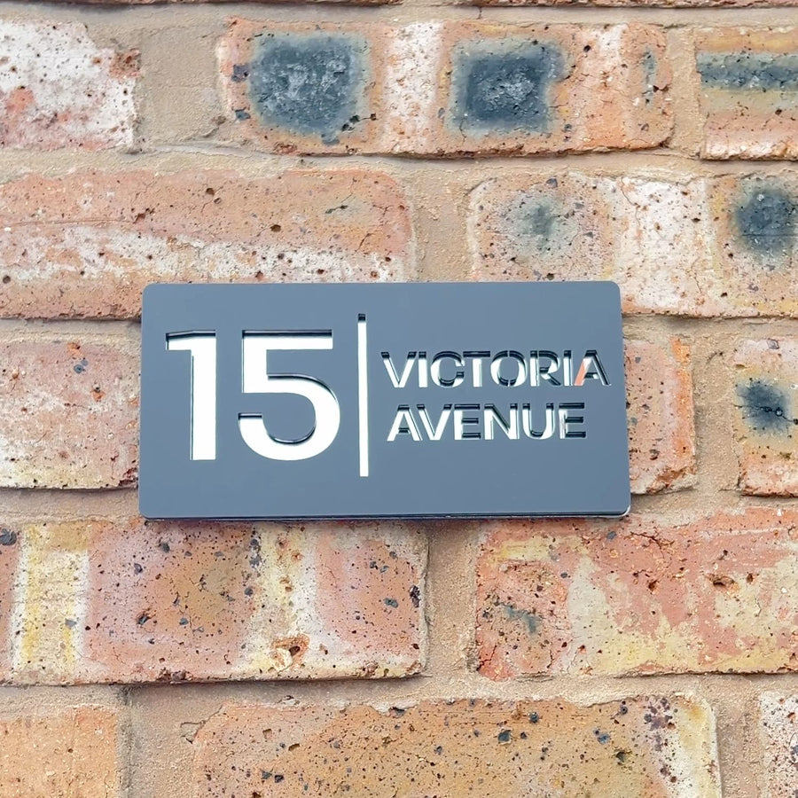 Stick on house sign in matt grey with silver mirror backing – no-drill acrylic sign