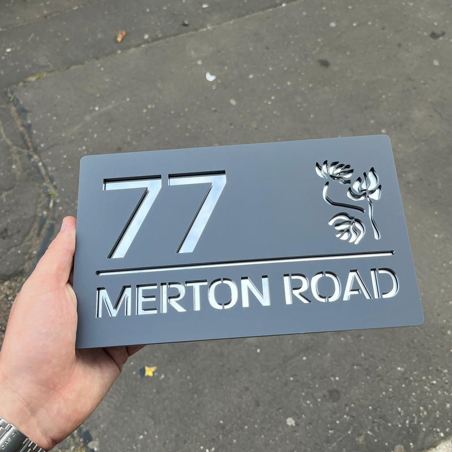 Modern floral house sign with mirror finish – grey acrylic with floral pattern