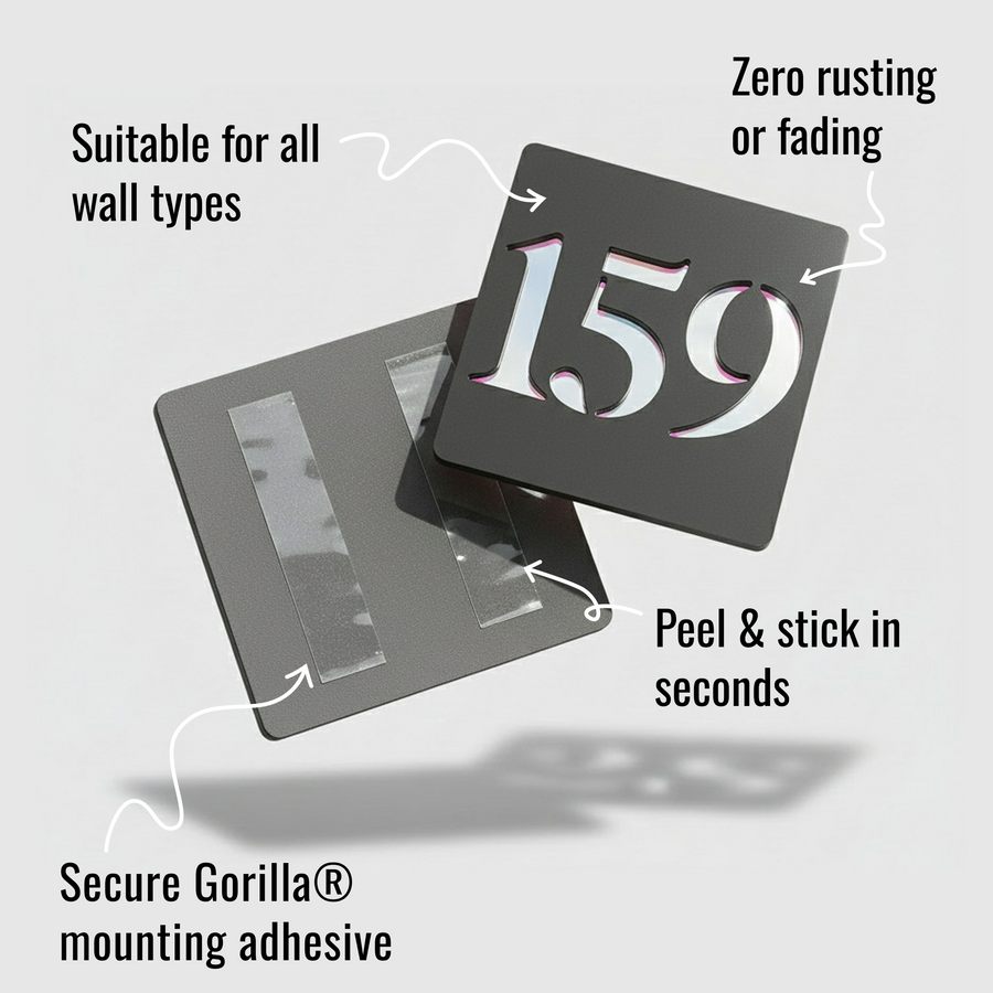 Peel and stick installation guide for matt grey door number sign