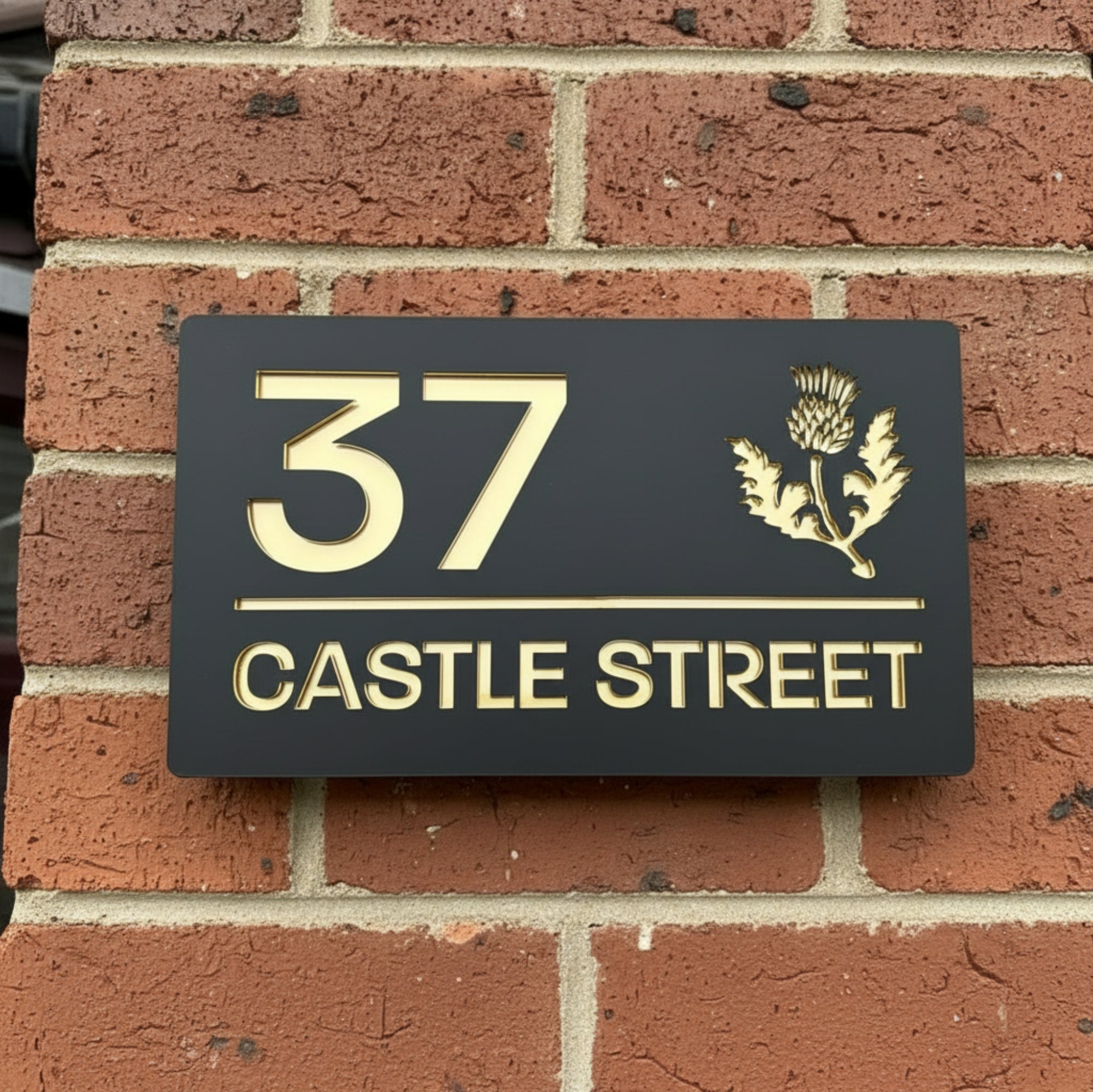 Scottish Thistle house sign in matt black – installed on wall