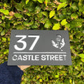 Scottish Thistle house sign in matt black with silver mirror backing – personalised acrylic design