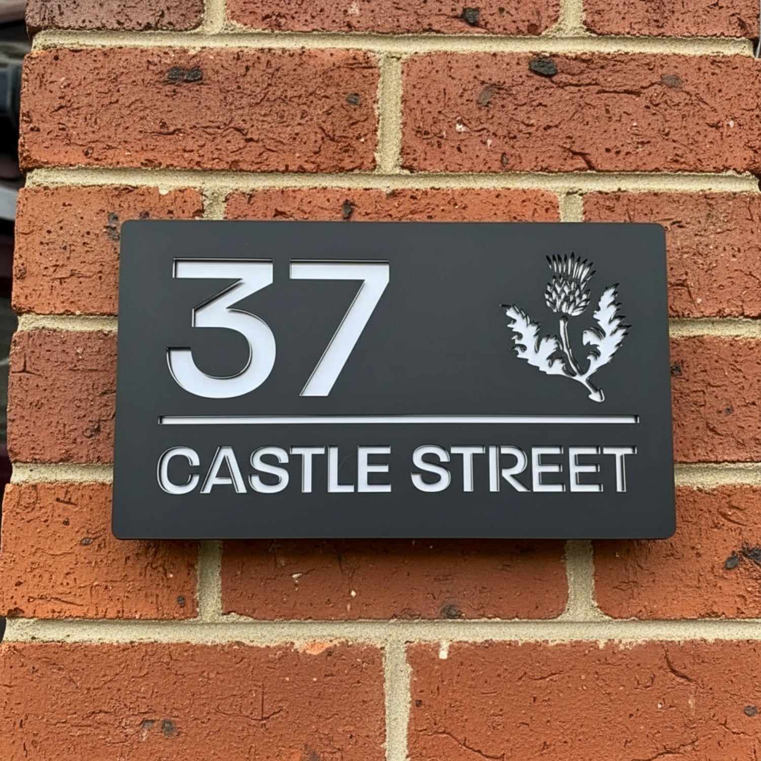 Scottish Thistle house sign with silver mirror – modern matt black acrylic