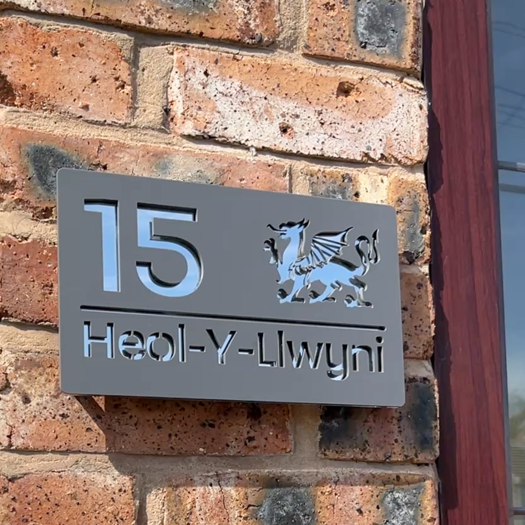 Welsh Dragon house sign in matt grey – modern acrylic with mirror detail